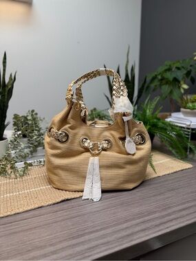 NWT Michael Kors Braided Grommet Large Hobo Bag Gold Beige MSRP $398
